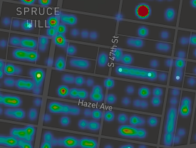 Larchwood between 46th and 47th.  I especially like this one, picturing the
two committee people on Larchwood wearing a path down that block.  The large red
blotch is Garden Court apartments -- higher density housing with a higher
concentration of voters